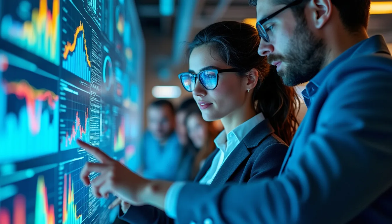 Deux analystes lisent des tableaux de bord de données et de courbes de benchmarks sur un grand écran