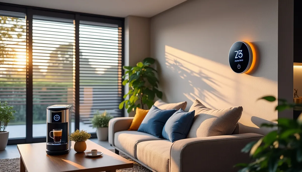 Salon connecté illustrant l'IA maison intelligente domotique : assistant vocal, éclairage adaptatif et robot aspirateur