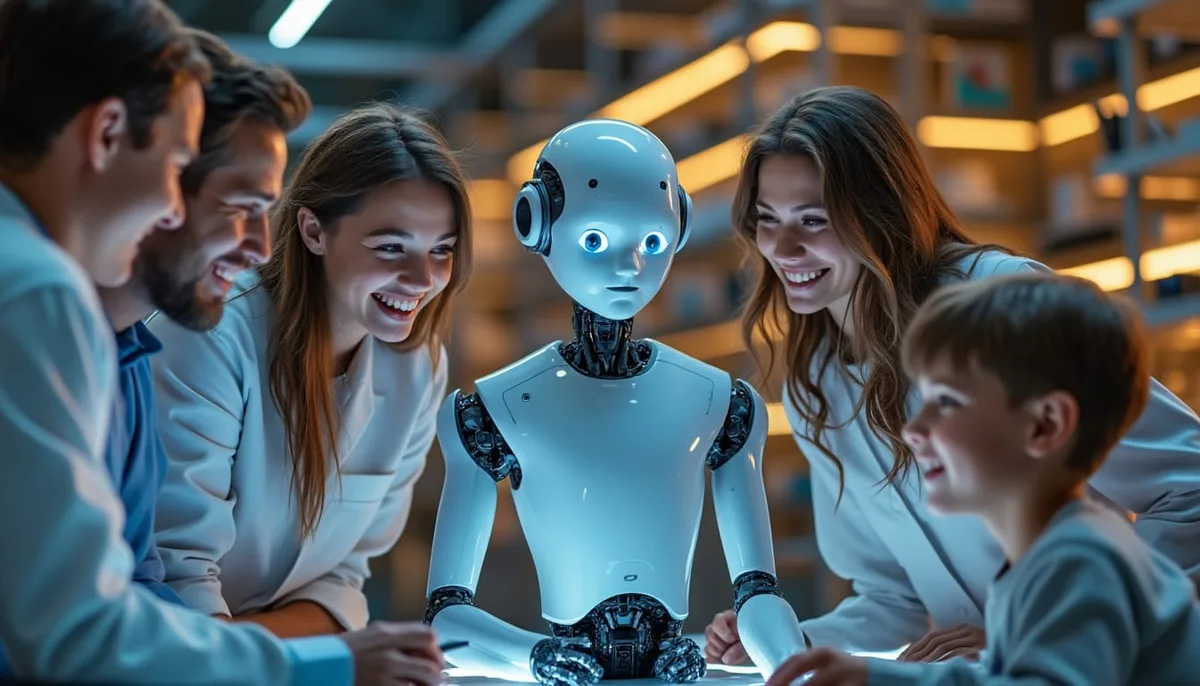 Robot compagnon émotionnel de type phoque thérapeutique tenu dans les bras d'une personne âgée en établissement de soins
