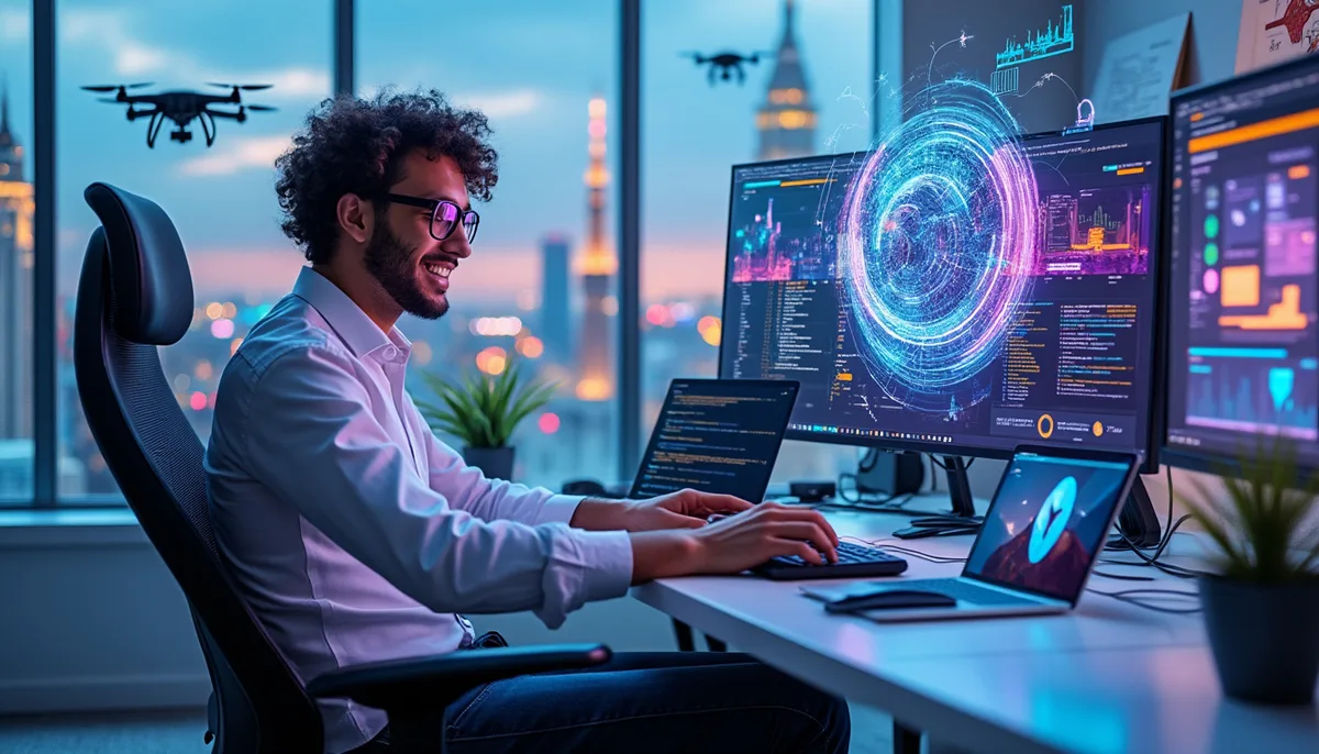 Serveurs MCP : hub central connecté à de multiples outils IA par des câbles lumineux